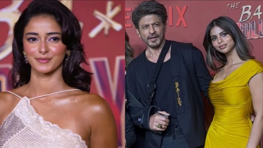 Suhana Khan in mustard Versace gown and Ananya Panday in champagne rhinestone dress at Ba***ds of Bollywood premiere