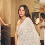 Sonam Bajwa wearing ivory chikankari saree with sleeveless blouse and statement earrings