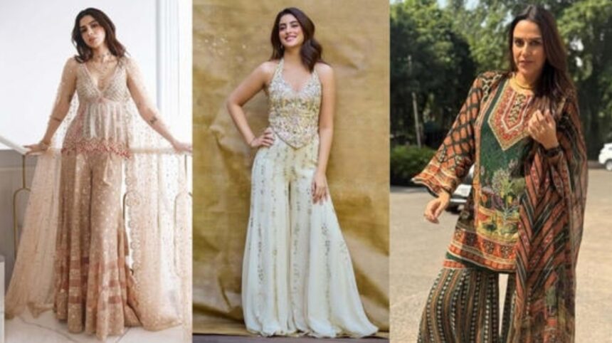Woman wearing traditional sharara and gharara during Ramzan celebration
