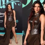 Priyanka Chopra wearing armour-inspired brown gown at The Bluff premiere with Nick Jonas