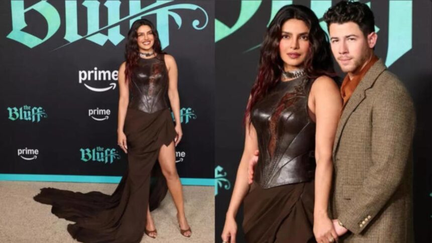 Priyanka Chopra wearing armour-inspired brown gown at The Bluff premiere with Nick Jonas