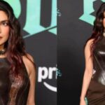 Priyanka Chopra wearing brown leather corset gown at The Bluff premiere in Los Angeles