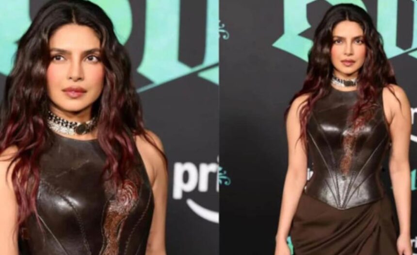 Priyanka Chopra wearing brown leather corset gown at The Bluff premiere in Los Angeles