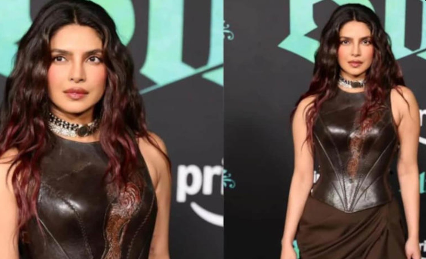 Priyanka Chopra wearing brown leather corset gown at The Bluff premiere in Los Angeles