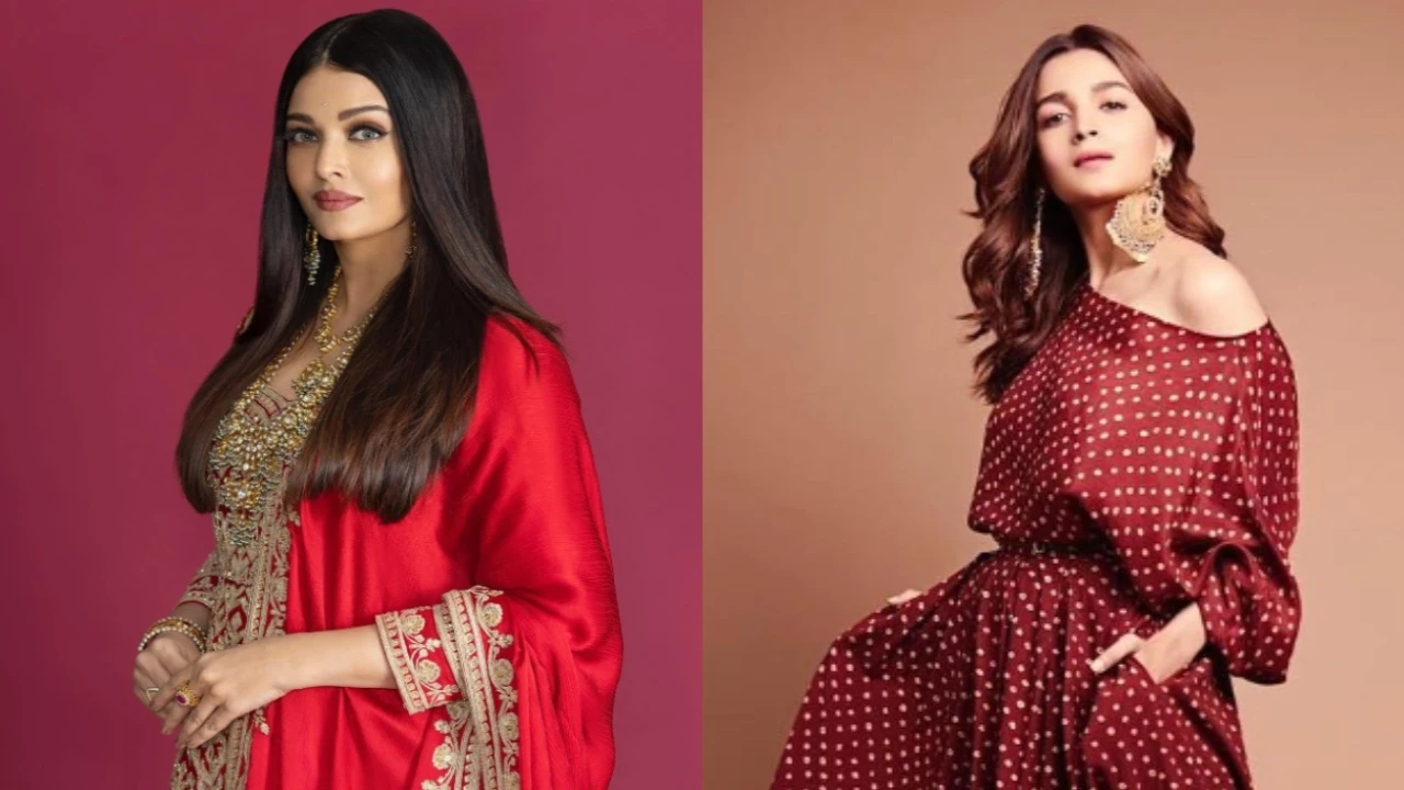 Alia Bhatt and Aishwarya Rai Bachchan red outfit inspiration for Karva Chauth 2025